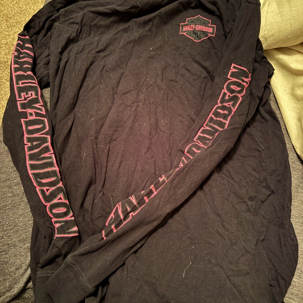Harley-Davidson Black Long Sleeve Tee with Pink Sleeve Lettering and Chest Logo